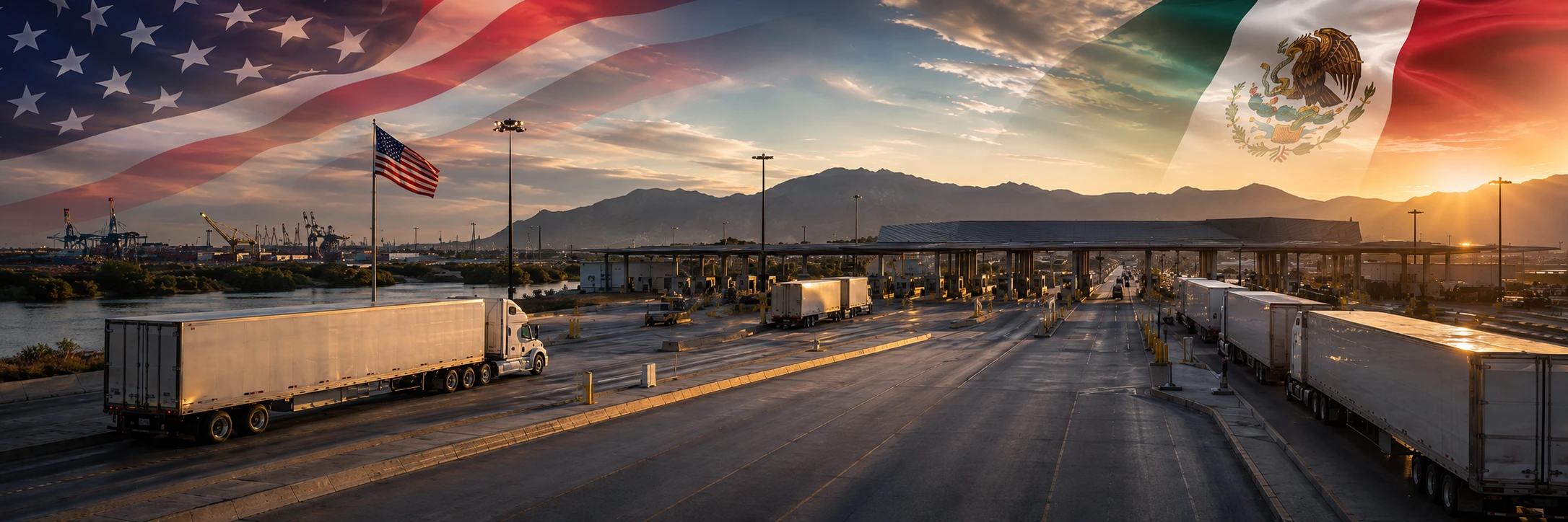 Camiones de carga cruzando un corredor comercial entre Estados Unidos y México con las banderas de ambos países