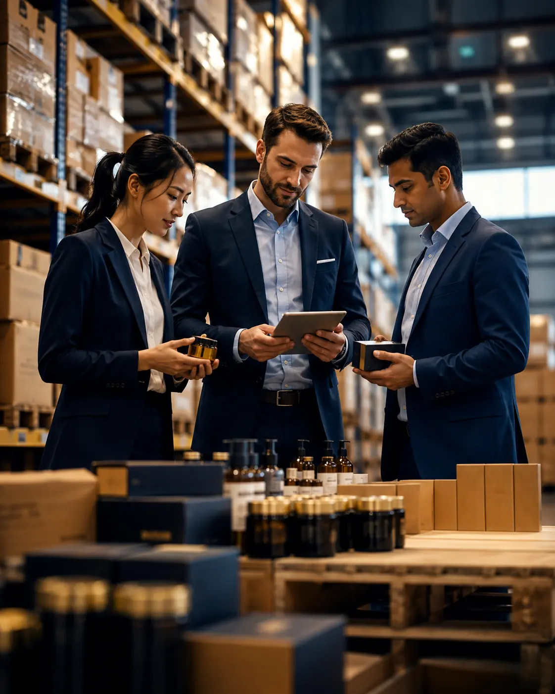 Business meeting between buyer and supplier reviewing products