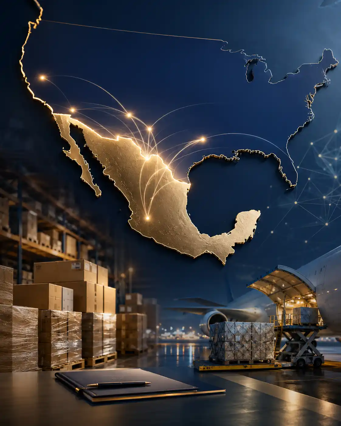Mapa de Estados Unidos y México con conexiones comerciales internacionales